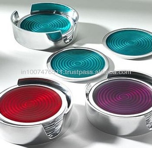 Sous-verres en métal écologiques pour la décoration de la maison, finition émaillée, design Art Déco, bleu/rouge, différentes tailles (diamètre 3,5-5,5 cm), lot de 4 - Product Image 1