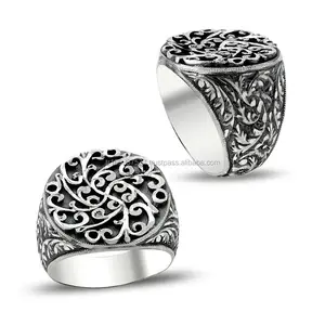 925 Sterling Silver Art Design Carved Turkish Men Round Ring Handmade High Quality Male for Men Bohemian Style Punk Rings Man