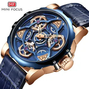 MINI FOCUS MF0249G Personality Men's Black Skeleton Leather Watch Sport Quartz Leather Wrist Watch Montre Homme