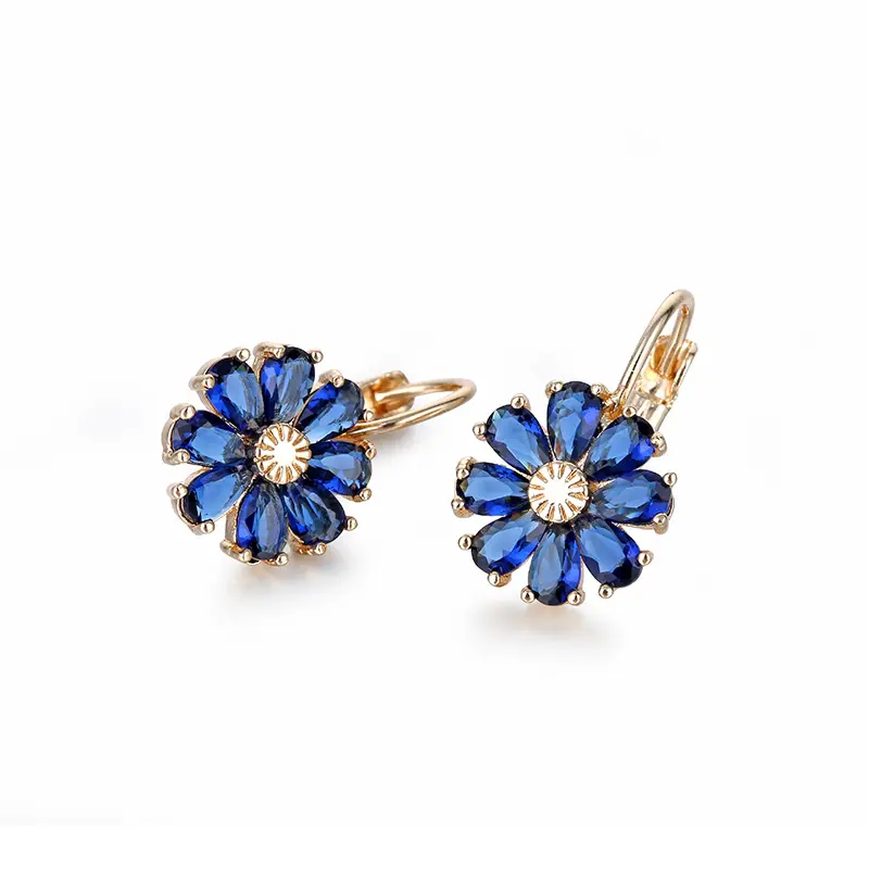 Hainon Elegance Earrings Gold jewelry flower shiny blue/red zircon Hypoallergenic clip Earrings wholesale