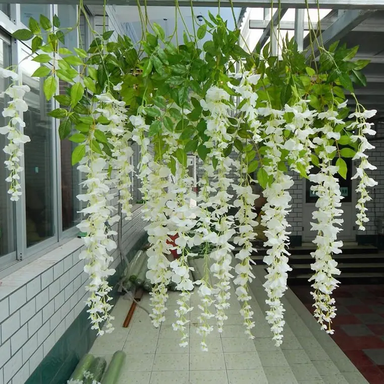 गर्म बिक्री कृत्रिम Wisteria फूल बेलें माला पौधों फांसी दीवार पत्ते शादी की सजावट