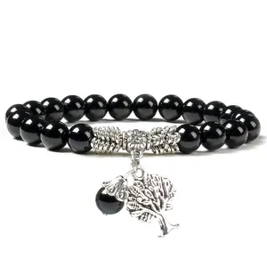 Brazalete de ágata F124 para hombre, pulsera de cuentas de ónice obsidiana, estilo occidental, personalizado, color negro, árbol de la vida, 50 Uds.