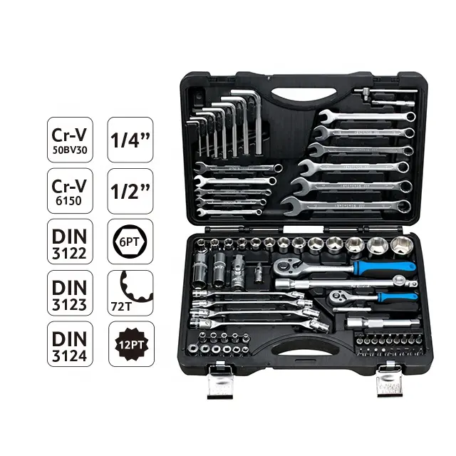 FIXTEC Hand Tools Adjustable Long Handle Ratchet Wrench 77pcs Car Repair Tool Kit