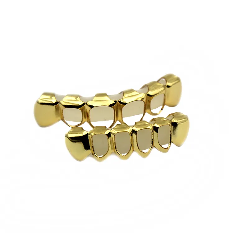 Hollow Fangs Hiphop Bijoux Gold Color Teeth Grillz Top & Bottom Grills Set With Silicone Bar Body Jewelry