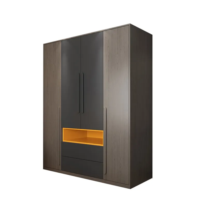 Armario de madera de melamina de diseño simple para dormitorio, nuevo ropero de 4 puertas, color gris, oferta de fábrica China