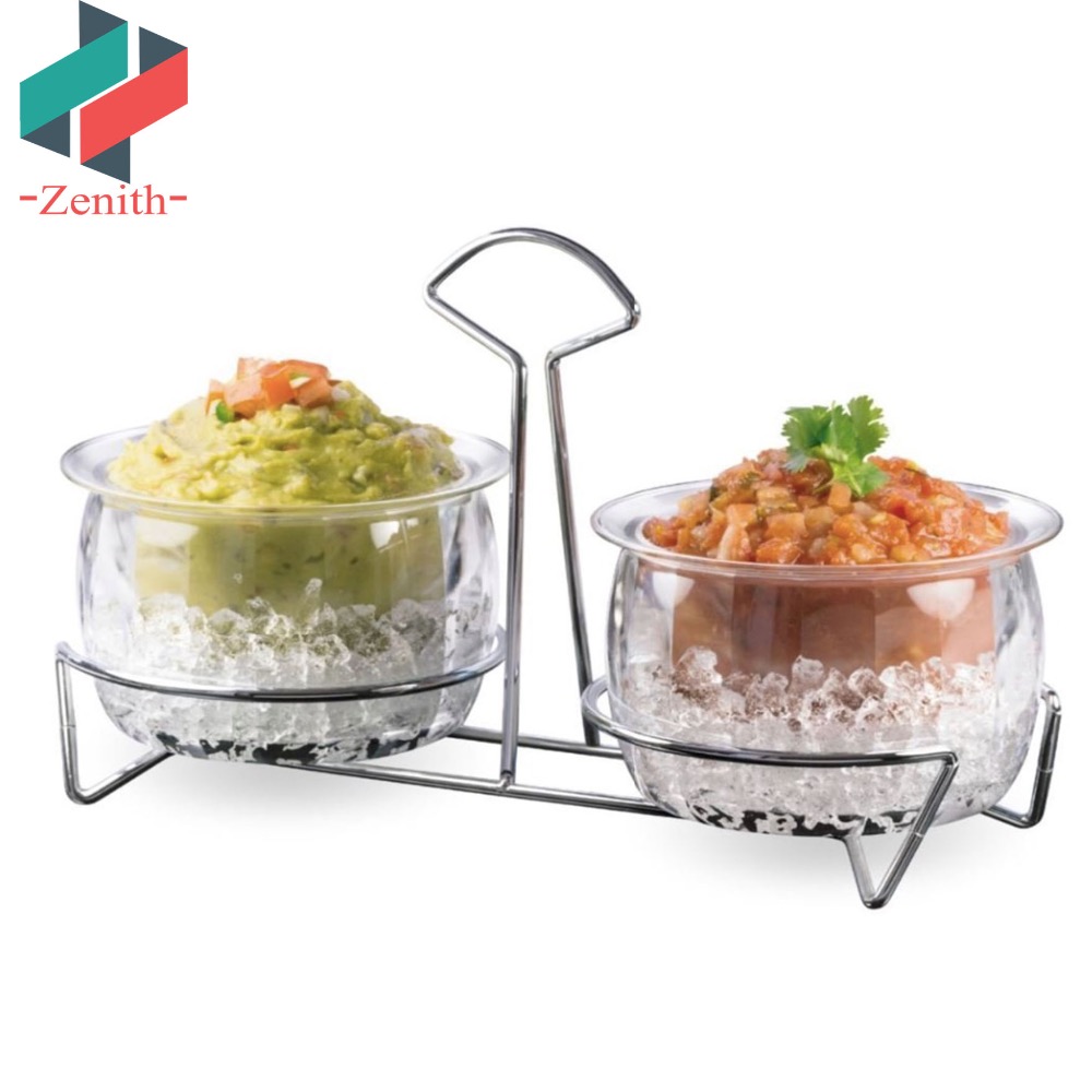 ZNK00007 Set of 2 Condiment on ice Plastic Dips on Ice Bowls with Stainless Steel Rack