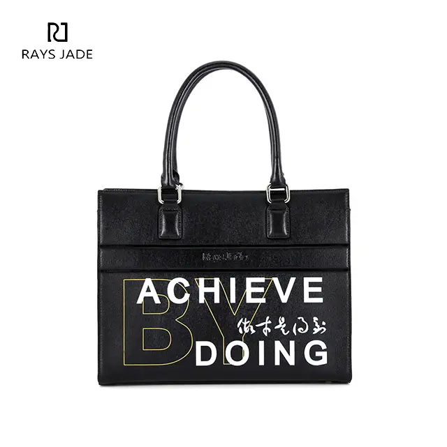 Guangzhou factory OEM letter printed black genuine leather satchel tote bag women handbags luxury ladies hand bag purses