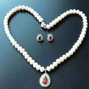 Wholesale Mothers Day Gift 925 Sterling Silver Natural Pearl Necklace Corundum Ruby Zircon Pendant Stud Earring Jewelry Set