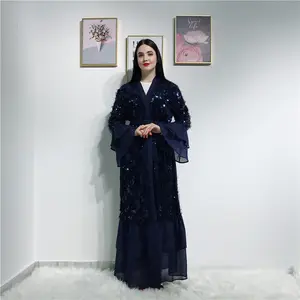 2019 Hoge kwaliteit marine Dubai ontwerp moslim vrouwen open abaya party jurk met shinny stukken