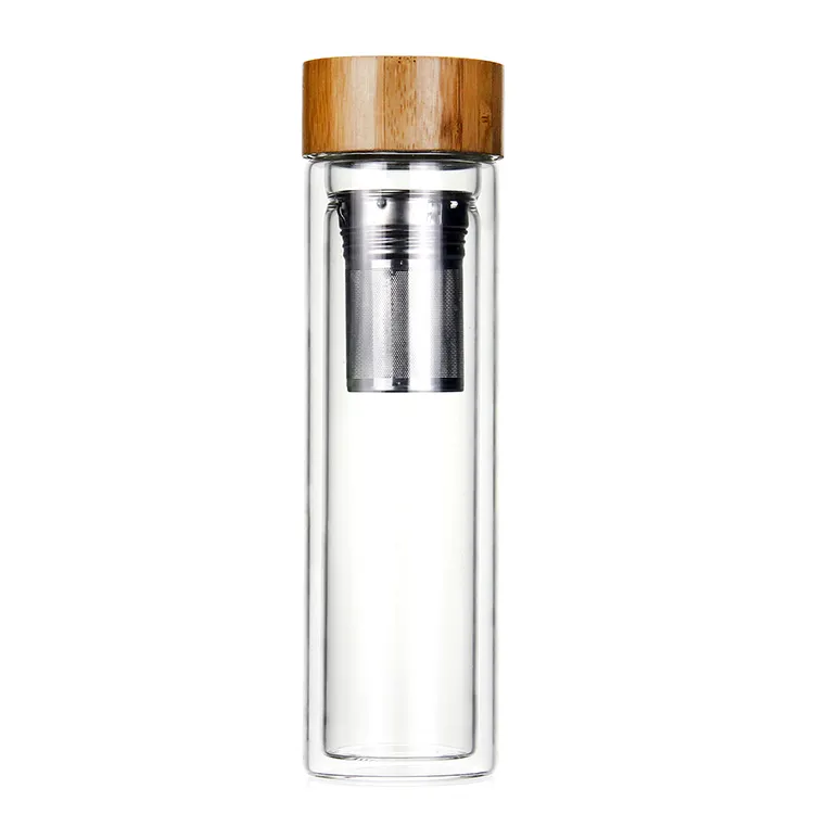 Botella de agua de vidrio de borosilicato de doble pared, sin BPA, con tapa de bambú, Infusor de acero inoxidable 350, 304 ml