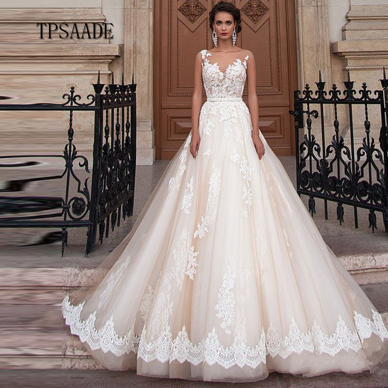 Illusion Champagne Tulle a Line Sequin Beaded Wedding Dress Lace Appliques  Bow Belt Bridal Gown 2025 Vestido De Novia| Alibaba.com