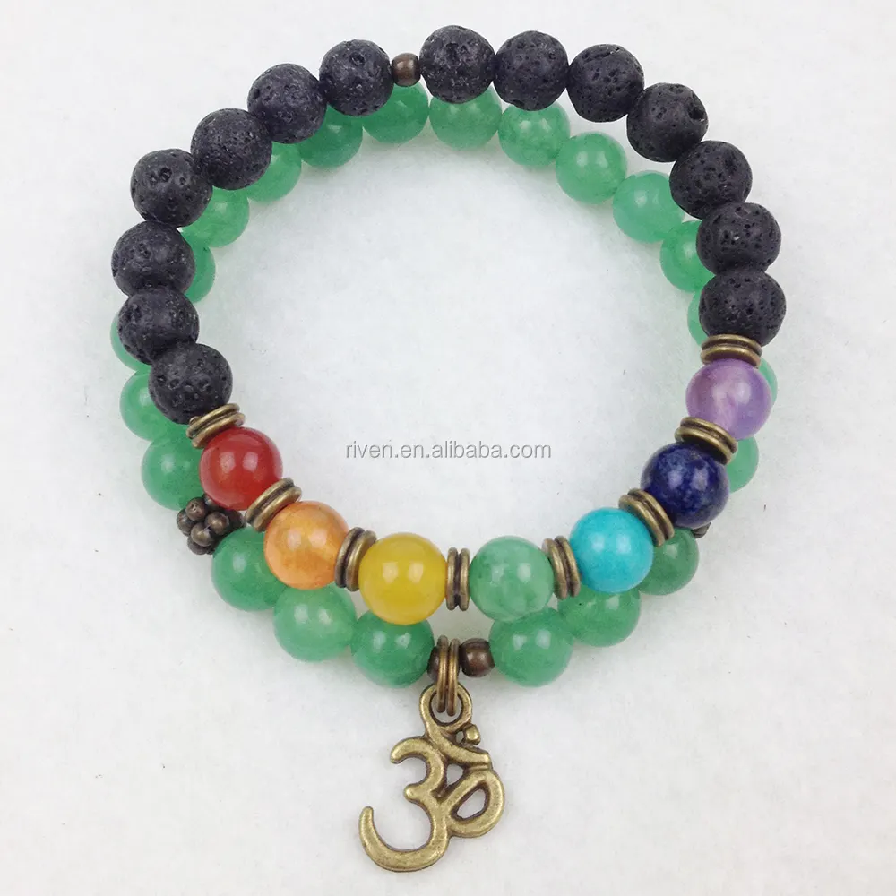 SN0203 Chakra Natural Stone Wrist Mala Green Aventurine Yoga Spiritual Lava Rock Om Healing Bead Bracelet Set