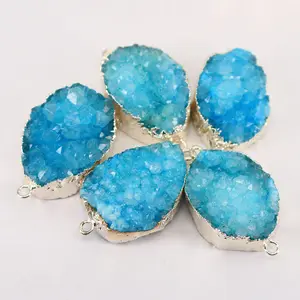 JF8331 High Quality Sparkly Silver plated jewelry natural quartz aqua blue druzy connectors for bracelet making