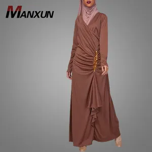 休闲定义垂褶棕色 Abaya 礼服伊斯兰服装穆斯林 Jalabiya 长袖裙子女士 Jalabiya