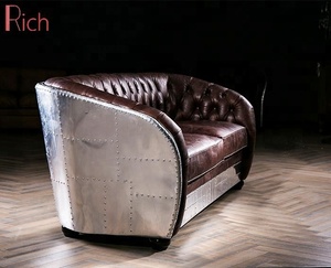 Mid Century European Retro Style Vintage PU Leather <strong>Sofa</strong> <strong>Set</strong> with Aluminum Decor for Home Living Room Bar Club Hotel Villa Use - Product Image 3