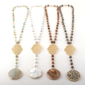 Collier pour femme, mode ethnique <span class=keywords><strong>bohème</strong></span>, bijoux, chaîne de chapelet en pierres précieuses, grille métallique, jaspe dalmatien, howlite blanche, pendentif disco - Product Image 1