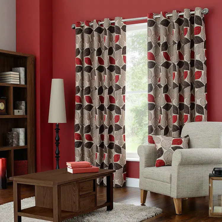 Living Room With Red Lined Eyelet Curtains