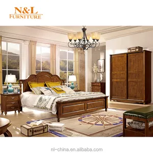Muebles de dormitorio de madera maciza, diseño de cama doble de estilo americano
