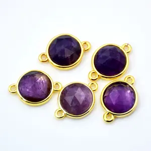 Natural amethyst connector Faceted round Gemstone charms tiny jewelry gold plated setting findings double bail pendant