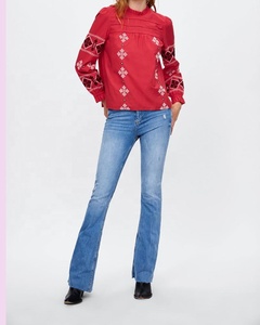 New Model Women Ethnic Design Floral Embroidery Breathable Cotton Vintage Style <strong>Red</strong> <strong>Long</strong> <strong>Sleeve</strong> <strong>Tops</strong> - Product Image 4