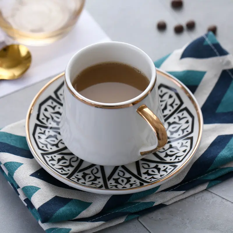 Tazas de café turco con taza de porcelana Espresso chapada en oro y platillo, juego de café árabe con caja de Color