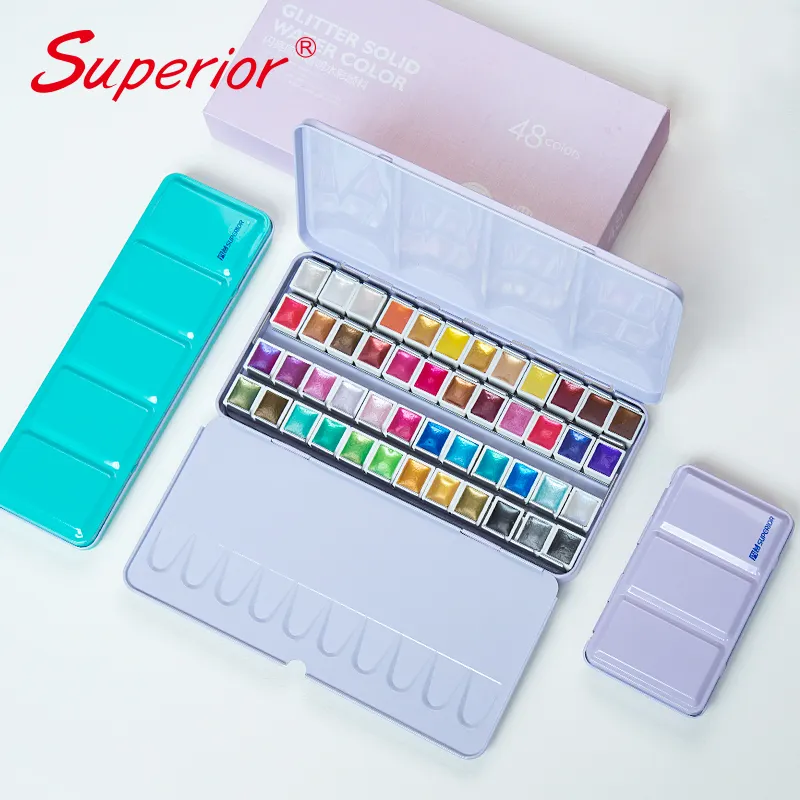 Superior new product Solid glitter watercolor set master level pigment from European with tin box traveling set