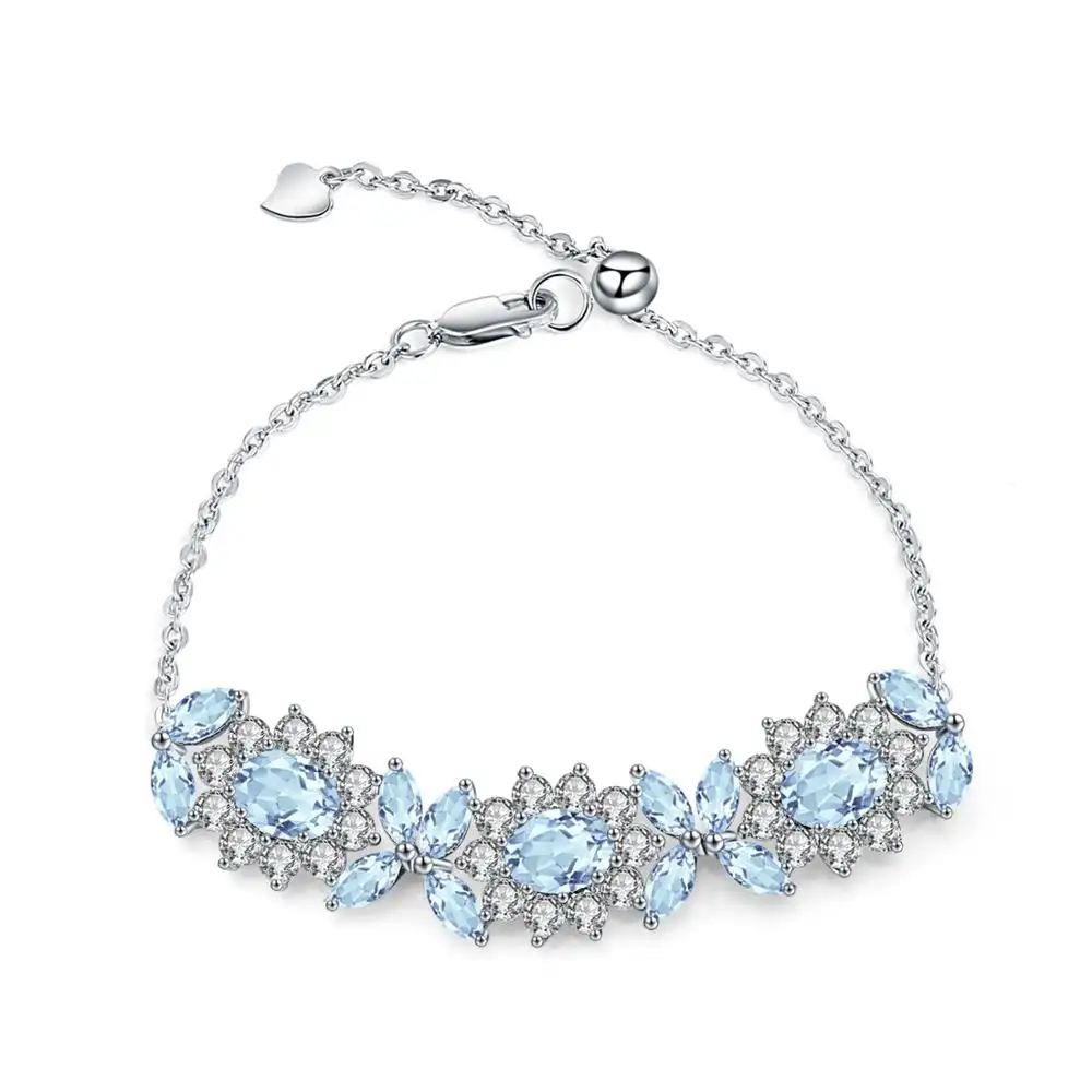 Abiding white cz flower natural sky blue topaz gemstone adjustable bangle 925 silver jewelry luxury charm bracelet women