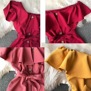 Abito Sexy con Cintura per Donne, Abbigliamento Casual da Ufficio, Elegante Vestito Estivo con Spalle Scoperte, Bottoni e Volant - Product Image 4