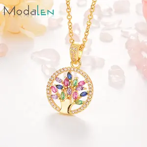 Modalen Multi Kleur Rhinestone Boom Leven Ronde Roestvrij Gouden Hanger Ketting