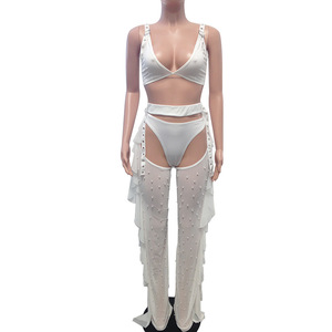 Completo da Donna in 3 Pezzi, Top Corto Trasparente e Pantaloni, Tuta con Schiena Scoperta in Rete con Strass e Perle, Abbigliamento da Club, Lingerie Sexy - Product Image 6
