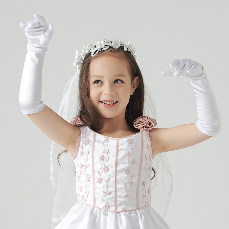 Белые Длинные атласные перчатки для маленькой девочки перчатки с цветами для свадьбы