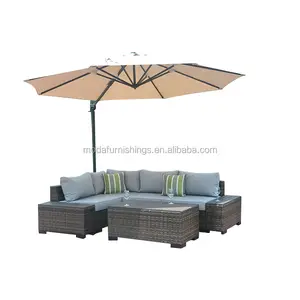 8PC休闲现代全天候户外柳条庭院和花园藤条塑料木质组合家具沙发套装带伞