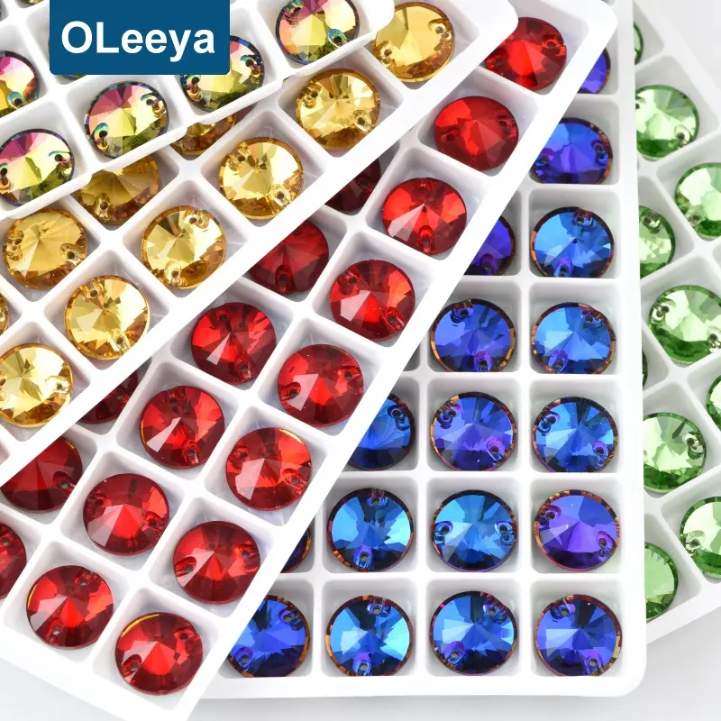 Oleeya Factory Direct Sale Various Colors A5 Quality FlatバックStrass 12ミリメートルRivoli Sew On Crystal Rhinestones Dress