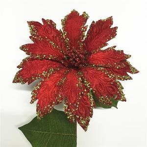 Giant Artificial Velvet Fabric Poinsettia Flower with <strong>Glitter</strong> Red <strong>Blue</strong> Gold Colors 9"DIA*4" Indoor Christmas Tree Decoration - Product Image 1