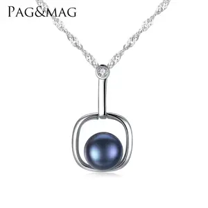 PAG&MAG Brand Luxury Black White Natural Fresh Water Pearl with 925 Sterling Silver Charm Pendant Pearl necklace