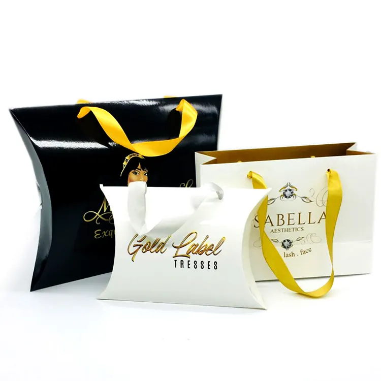 Logo personalizzato di lusso Glitter estensioni dei capelli umani scatola di imballaggio Bundle imballaggio scatola di parrucca imballaggio scatola di capelli cuscino con manico