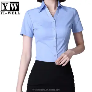 Chemise cintrée basique pour femmes, uniforme de bureau, formelle, bleu clair,