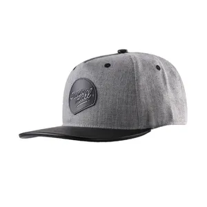 Customised Classic Gray Black Plastic Snap 5 Panel Leather Patch Snapback Caps