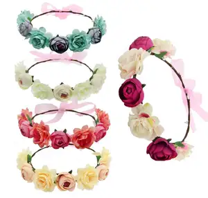 Adjustable Fabric Wedding Wreath Crown Rose Headband Artificial Flower Garlands For Girls