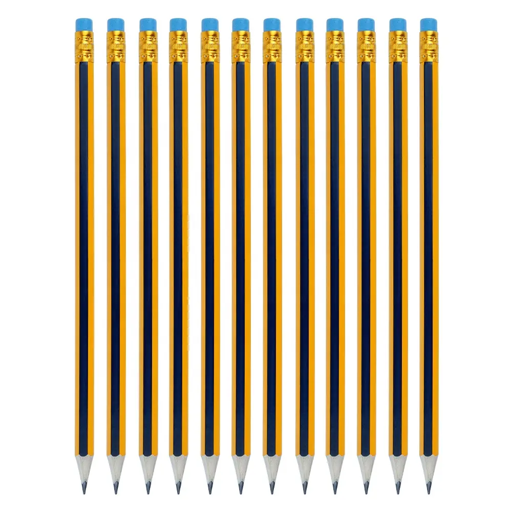 2022 China Custom Logo Promotional Stripes HB Wooden Pencil with Eraser Topper