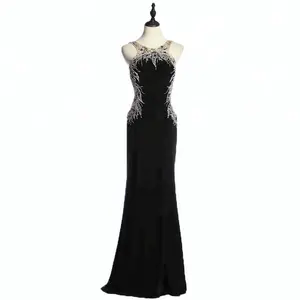 Round neckline backless ceremony wear sexy long black velvet evening dress