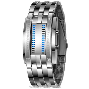 Reloj Digital Binario LED plateado para mujer, pulsera de plata negra, resistente al agua