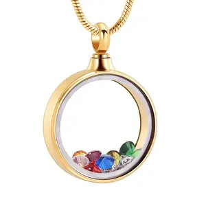 IJD9821 Living Memory Floating Charms Stone Storage Silver Rose Gold Rainbow Color Round Clear Glass Locket Pendant Necklace