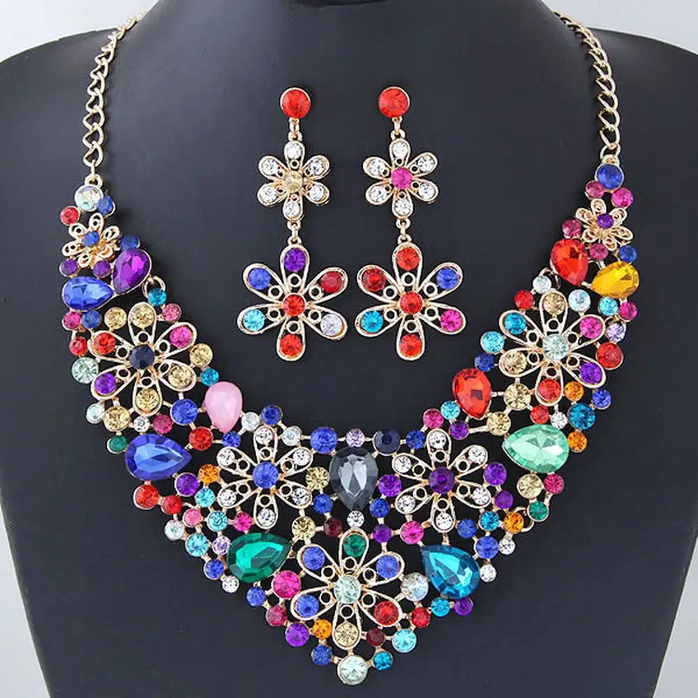 Fashion Bohemia Gold Color Crystal Rhinestone Flower Statement Necklaces Earring Jewelry Set For Women Wedding