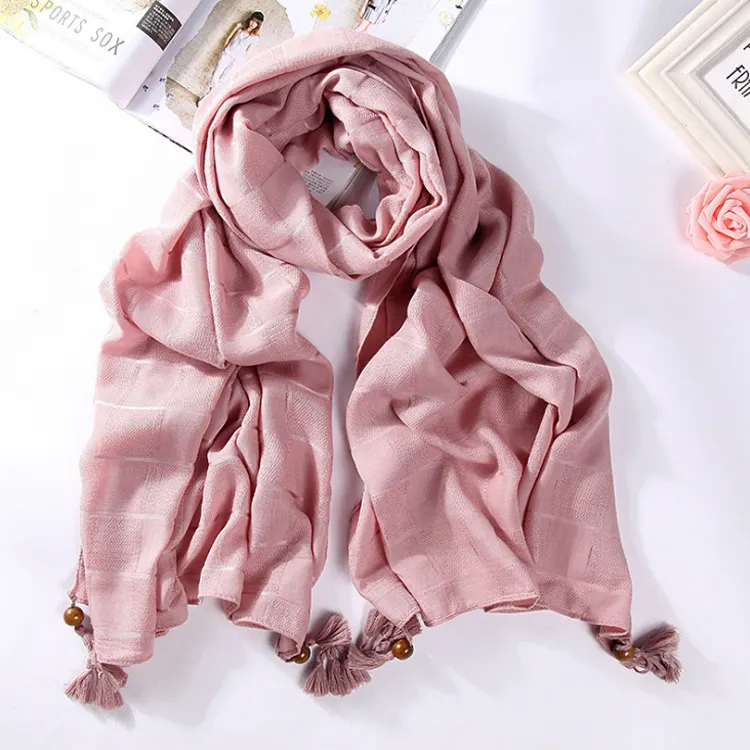 2022 New Korean all-match double long dark stripe cotton plaid scarf ladies fringed shawl two wooden beads