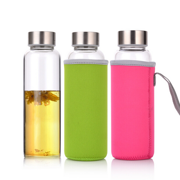Haonai 18 oz Reusable Glass Water Bottle with Nylon Protective Sleeve and Carrying Loop,Stainless Steel lid
