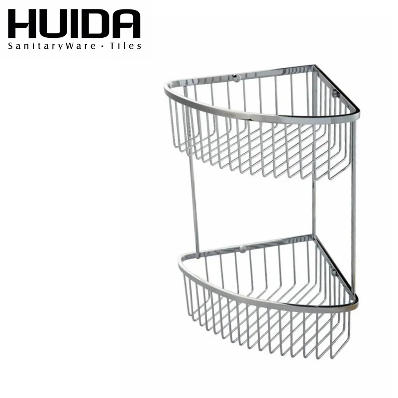 HUIDA Cheap hanging bathroom double tiers stainless steel corner shower shelf basket