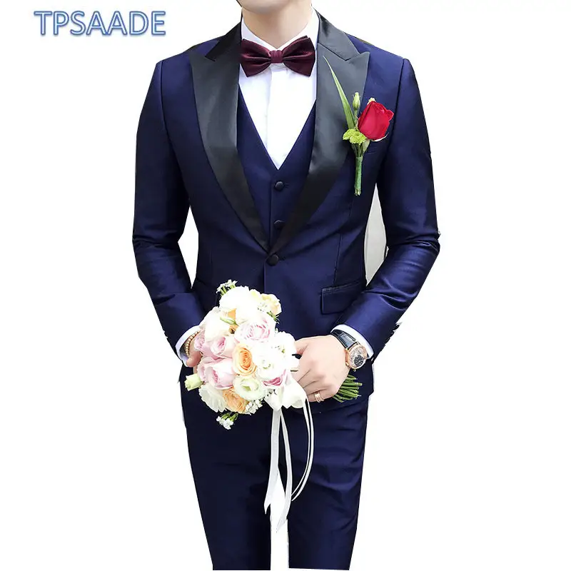 Black/Blue/Purple Men Suits Groom Tuxedos One Button Suits Slim Fit Wedding Dinner 3 Pieces Coat Blazer (Jacket + Pants + Vest)