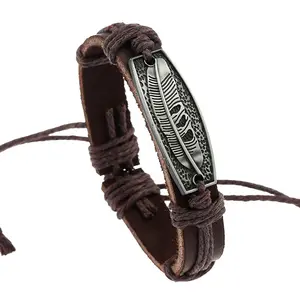 Fashion Genuine Leather Leaf Bracelet for Men Women Vintage Feather Rope Weave Handmade Hemp Braided Bracelet Retro Jewelry