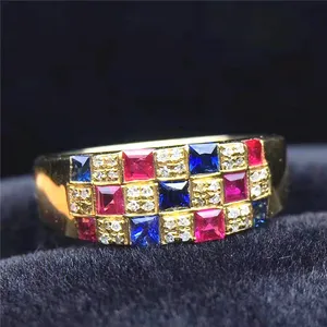 Anel de luxo masculino, anel de luxo 18k, pedra preciosa, dourada amarela, 0.8ct, safira natural, anel de rubi